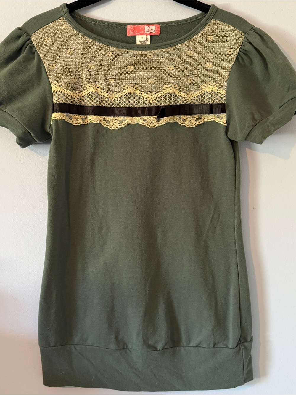 Lux Blue Grey Puff Sleeve Lace-Yoke Top with Cream Lace & Black Ribbon